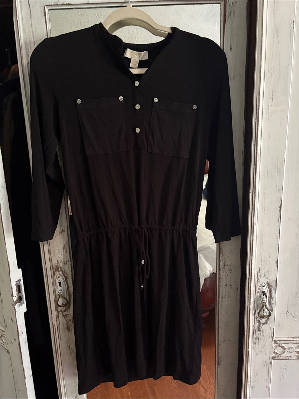 MICHAEL Michael Kors Black Midi Shirt Dress with Drawstring Waist